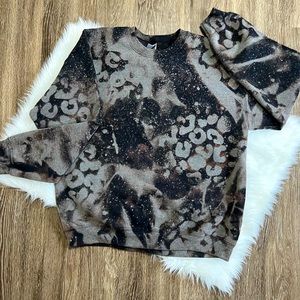 Black Bleached Cheetah Sweatshirt, Acid Washed Shirt, Acid Washed Sweatshirt